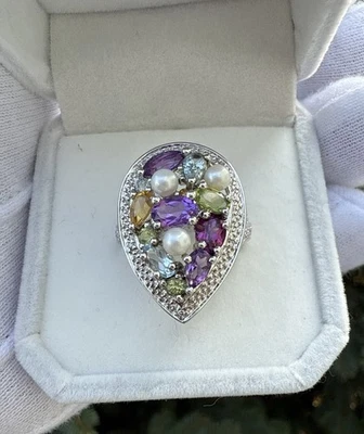 Letrero de plata esterlina 925 EA ANILLO PIEDRAS PRECIOSAS Y PERLAS MULTICOLOR TAMAÑO: 6,25 COMO NUEVO Foto 1 de 4