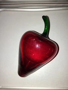 Vintage Viking Blown Art Glass Red Pepper Strawberry Green Stem Paperweight RARE - Picture 1 of 7