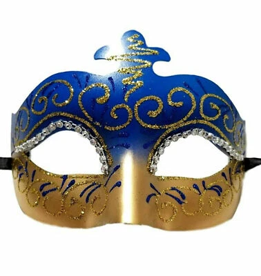 Blue Gold Crystal Scroll Venetian Masquerade Prom Mask - Image 1 of 2