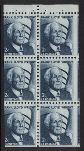 Scott 1280c - Error de corte erróneo - MNH - 2c Frank Lloyd Wright, panel de 6 - 1971 - EFO como nuevo - Imagen 1 de 1