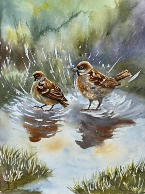 Original Acuarela Pájaro Pintura Gorrión Arte Hecho a Mano Decoración de Pared Amante de los Pájaros Gif Foto 1 de 4