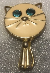 Rare Vintage glass gold mini Cat Hand Mirror crown symbol on handle rare unique - Picture 1 of 12