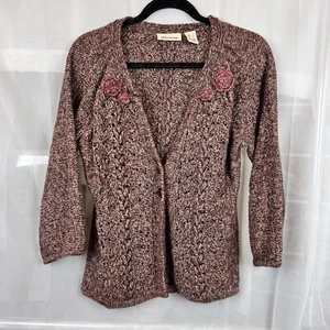 vintage y2k DKNY mixed knit cardigan sz Sm metallic rosette cottagecore braided - Picture 1 of 4