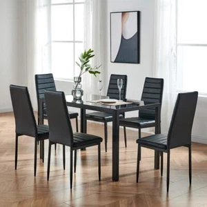 7 Piece Glass Kitchen Dining Table Set, Glass Top Table with 6 Faux Leather - Picture 1 of 7