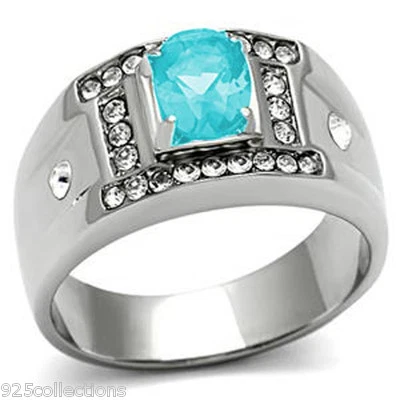Anillo para hombre 8x6 mm 316 acero inoxidable marzo aguamarina piedra natal talla 7-13 Foto 1 de 4