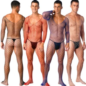 Men's Long Sleeved Large Mesh Open Crotch Jumpsuit V Neck Sleepwear Crotchless - Picture 1 of 80