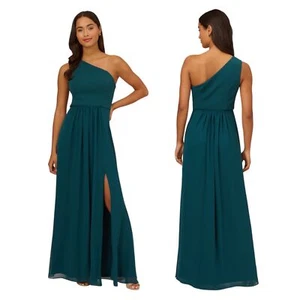Abito lungo da caccia Adrianna Papell chiffon a una spalla rosa verde acqua scuro taglia 6 NUOVO! - Foto 1 di 13