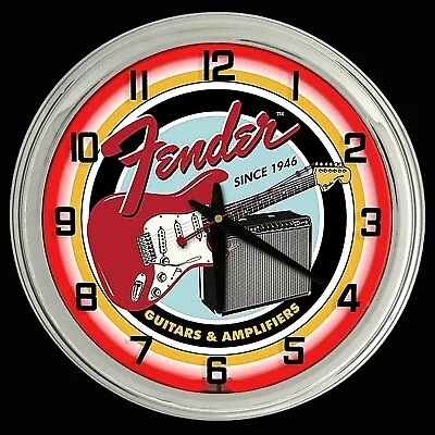 16" FENDER GUITAR Metal Sign Red Neon Wall Clock Amplifier Music Studio - Image 1 of 2