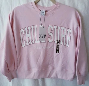 New Zara Girls Pink Pullover crew neck sweater Kids Size 10 crop CHILL SURF CA - Picture 1 of 7
