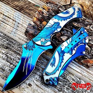 8” Blue Dragon Knife Tactical Spring Assisted Open Blade Folding Pocket Knife - Picture 1 of 5