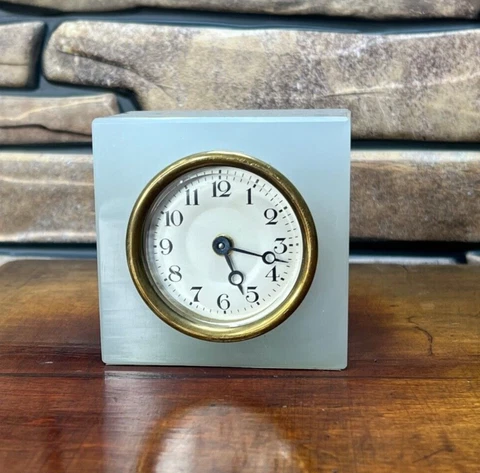 1900's Antique Desk Table Clock Beveled Crystal White Opaline Jade Glass Cuboid Cover