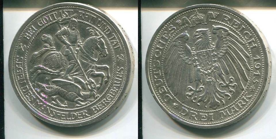 PREUSSEN 1915 - 3 Mark in Silber, vz / stgl. - MANSFELDER BERGBAU - Erhaltung! - Bild 1 von 1