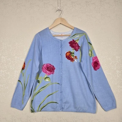 Quacker Factory Cardigan Sweater sz L Blue Multi Floral 100% Cotton Rhinestones - Image 1 of 4
