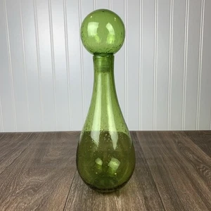 Green Glass Controlled Bubbles Genie Bottle Decanter w/Bubble Stopper MCM 13" - Picture 1 of 8