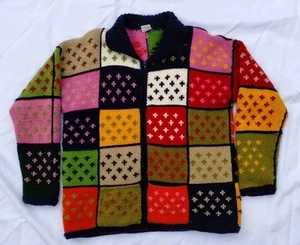 Vtg Heavy Knit Wool Zip Up Cardigan Sweater Patchwork Colorful Boxy Cottagecore - Picture 1 of 14