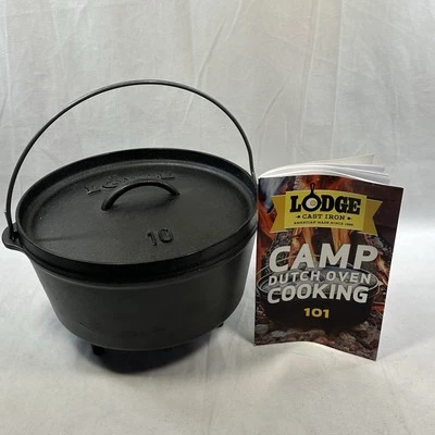 Винтажная чугунная печь Lodge No10 Camp Dutch Oven, 4 кварты, отличное состояние товара, с поваренной книгой - Изображение 1 из 4