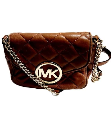 Michael Kors MK Small Chain Fulton Quilted Brown Leather Crossbody Bag Purse  - Image 1 of 4