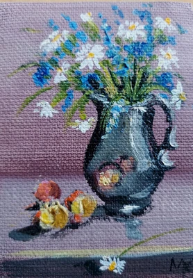 ACEO ORIGINAL oil painting  - Wild flower  bouquet- 2.5x3.5 in artist MK - image 1 of 3