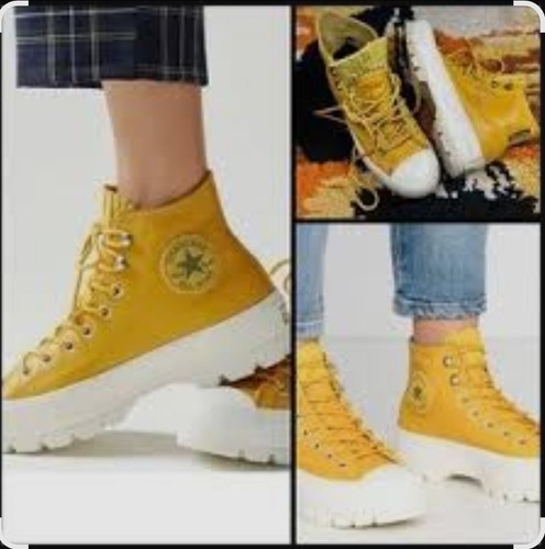 CONVERSE Top alti gialli con lacci Chuck Taylor All Star da donna taglia 9 1 2 con scatola