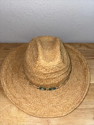 Sombrero de Paja Liz Claiborne con Cuentas Turquesa y Tostado De Colección Foto 1 de 4
