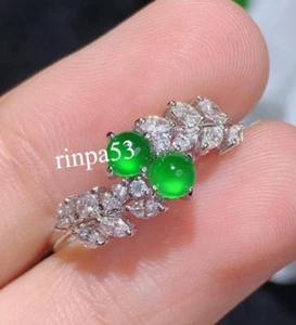 Women's Wedding Ring Cabochon Synthetic Green Emerald & Moissanite 925 Silver - Picture 1 of 5