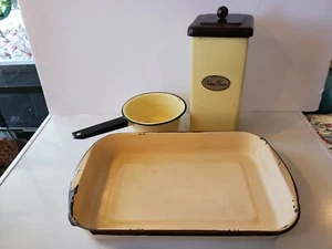 Olla de cocina esmaltada vintage marrón y amarillo crema decoración del hogar bote - Imagen 1 de 12