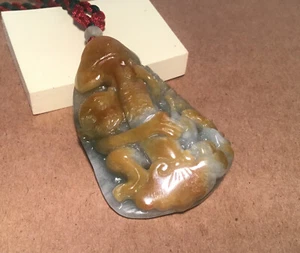 Carved Green Jadeite Monkey Mushroom Dragon Two Sided Translucent Pendant - Picture 1 of 15