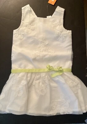 NUEVO CON ETIQUETAS Niñas 7 Gymboree “TEA AND CAKE PARTY” VESTIDO BLANCO Repujado Lazo Cinta Verde Foto 1 de 4