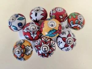9 Hand Painted Ceramic Knobs Pulls-Colorful Red Yellow Blue Knobs Lot of 9 - Picture 1 of 5