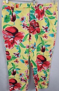 Lauren Ralph Lauren Cropped 100% Linen Yellow Floral Hibiscus Pants Size 18W