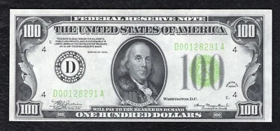 FR. 2152-D 1934 $100 LGS LIGHT GREEN SEAL FRN CLEVELAND, OH CHOICE UNCIRCULATED - Image 1 of 2