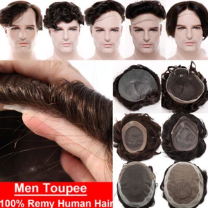 Mens Hair Replacement Systems Toupee French Lace Front Human Hairpieces PU Wig a - Picture 1 of 53