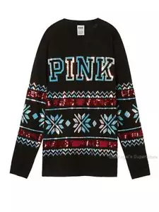 Victoria's Secret PINK Bling Campus Tee, Holiday Black Fair Isle NEW - Picture 1 of 2