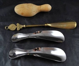 Vintage Lot Of Shoe Horns Chrome Brass Weave Design Wood Sock Darner - Bild 1 von 1