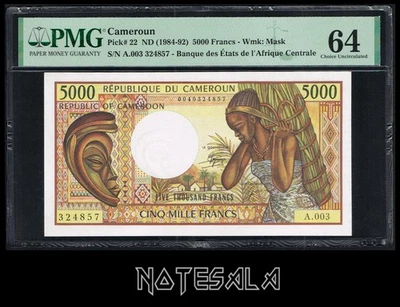 CAMEROUN CAMEROON 5000 5,000 FRANCS ND (1984-92) Pick-92 PMG 64 AUNC - Image 1 of 2