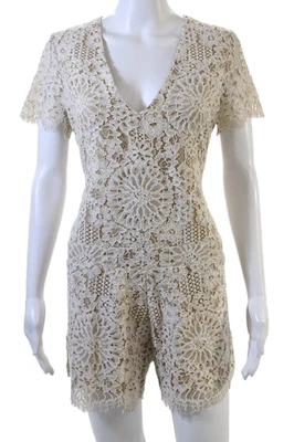 Alexis 女式蕾丝 V 领短袖连身裤米色白色棉质 M 码 — 第 1/4 张图片