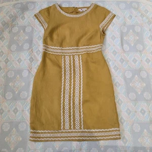 Boden Laura Dress 100% Linen Mustard, Embroidered, Sz 10 R, Cap Sleeve, Pockets - Picture 1 of 9