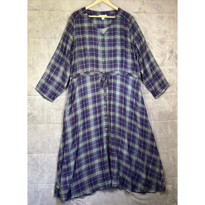 Coldwater Creek Shirt Dress 1X Purple Green Plaid Midi Pocket Lined Rayon Modest - Image 1 of 4