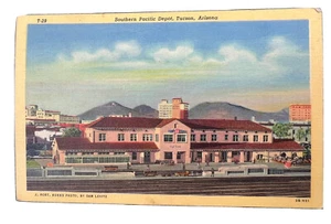 1942 Southern Pacific Depot Tucson AZ lino foto postal 1 centavo - Imagen 1 de 2