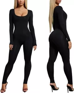 Womens Autumn Winter One Piece Unitard Full Bodysuit Crewneck Long Sleev-BLK/LG - Picture 1 of 1