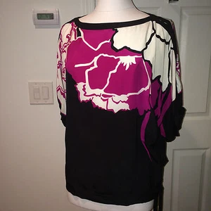 NWT T TAHARI TARA black white fuchsia floral silk kimono tunic blouse S fits M - Imagen 1 de 4