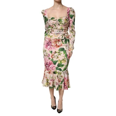 DOLCE & GABBANA Dress Pink Floral Silk Fit And Flared Midi IT46/US12/XL 2930usd - Image 1 of 4