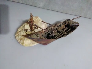 Medium Vintage S.L.C. 71Brutalist Copper Sculpture Boat Docked to Rock  Folk Art - Picture 1 of 12