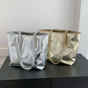 PU Leather Shoulder Bag Large Capacity Handbags Casual Silver Tote Bags Travel - Picture 1 of 14