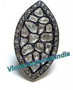 Natural Rose Cut Polki Pave Diamond Handmade Designer Ring 925 Sterling Silver