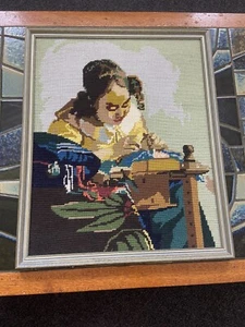 Vintage Needlepoint The Lacemaker Tapestry Framed Hanging Artwork Lady Sewing - Picture 1 of 6