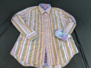 Robert Graham Flip Cuff Striped Floral Abstract Colorful Casual Dress Shirt Sz L - Imagen 1 de 8