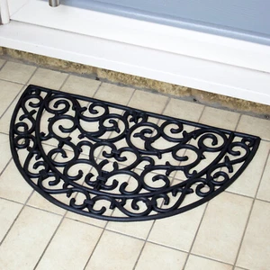 Half Moon Scroll Rubber Doormat 67cm Black Round Victorian Ornate Non Slip Mat - Picture 1 of 5