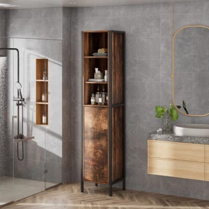 Rustic Tall Bathroom Cabinet Storage Unit Slim Tallboy Cupboard Door Shelves UK - Picture 1 of 19
