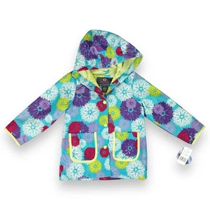 Skechers Rain Jacket Girls 4T Slicker Blue Floral Hooded Lined Snap Front Pocket - Picture 1 of 12